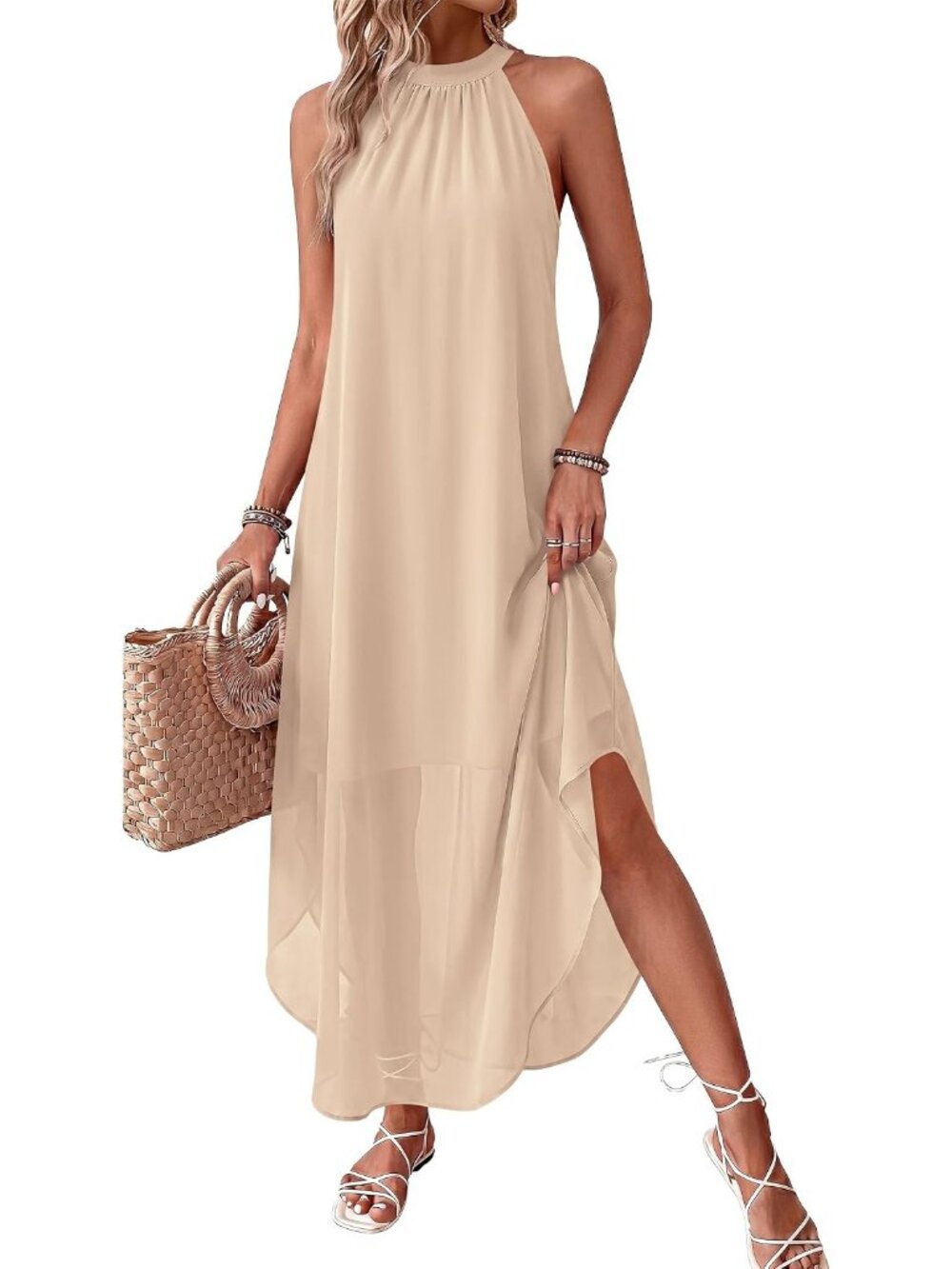 Women's Beige Summer Long Flowy Wedding Guest Halter Pockets Maxi Party Dresses